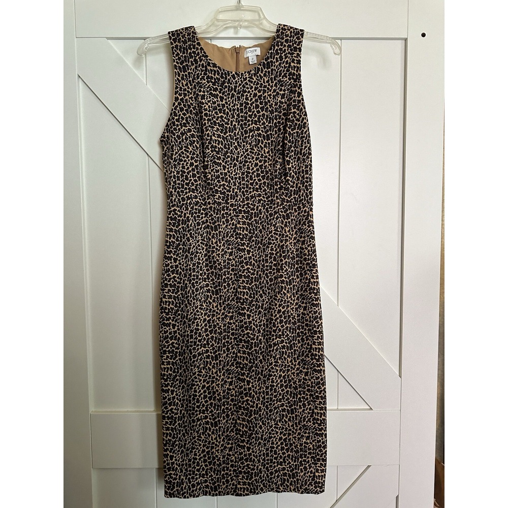 J‎ Crew Sleeveless Brown Leopard Faux Suede Sheath Pencil  Midi Dress Size 2